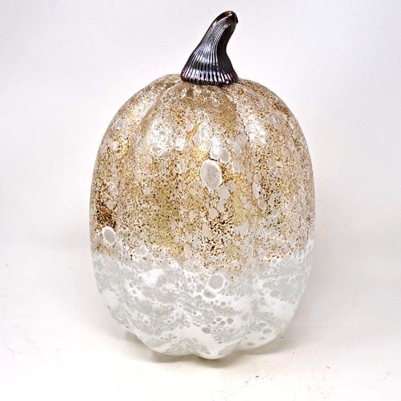 Large Art Glass Gold And White Pumpkin With Irridecent Stem - Picture 3 of 5